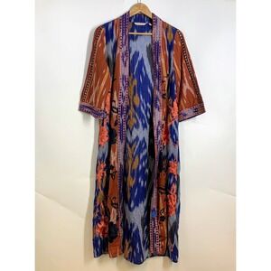 Soft Surroundings Womens Print Embroidered Duster Cardigan Blue Terracotta SZ XS